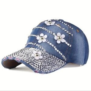 BRAND NEW GORGEOUS BLING Distressed Denim Adjustable  Baseball Hat